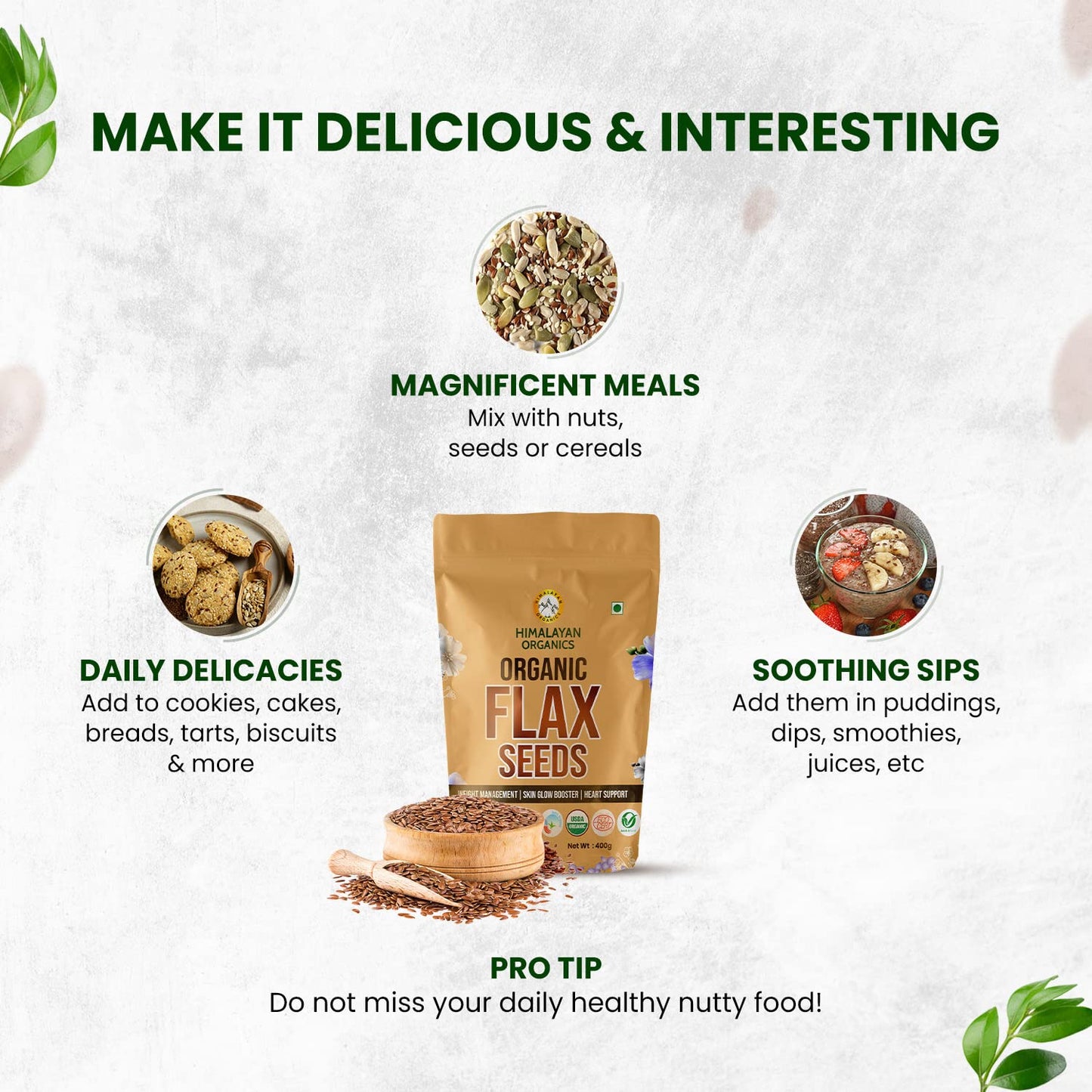 Органические семена льна, сертифицированные Himalayan Organics, обогащенные омега-3 и цинком для здорового контроля веса и поддержки здоровья сердца, 400 г