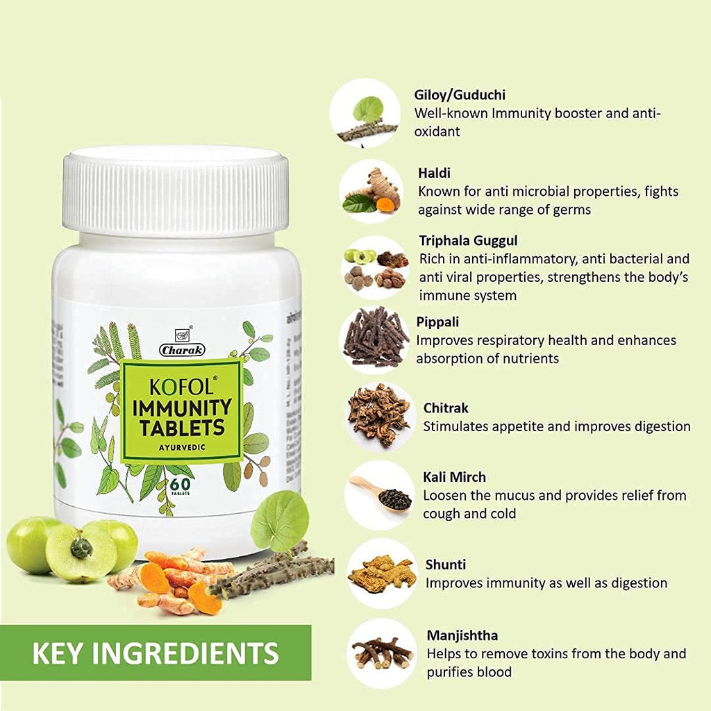 Charak Ayurvedic Kofol Immunity Tablet With Goodness Of Giloy,Haldi,Pippali 60 Tablets