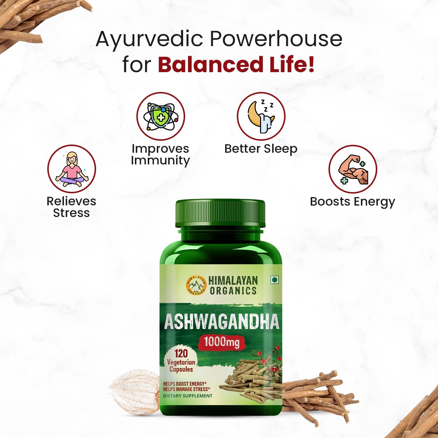 Himalayan Organics Ashwagandha 1000mg Vegetarian Capsules