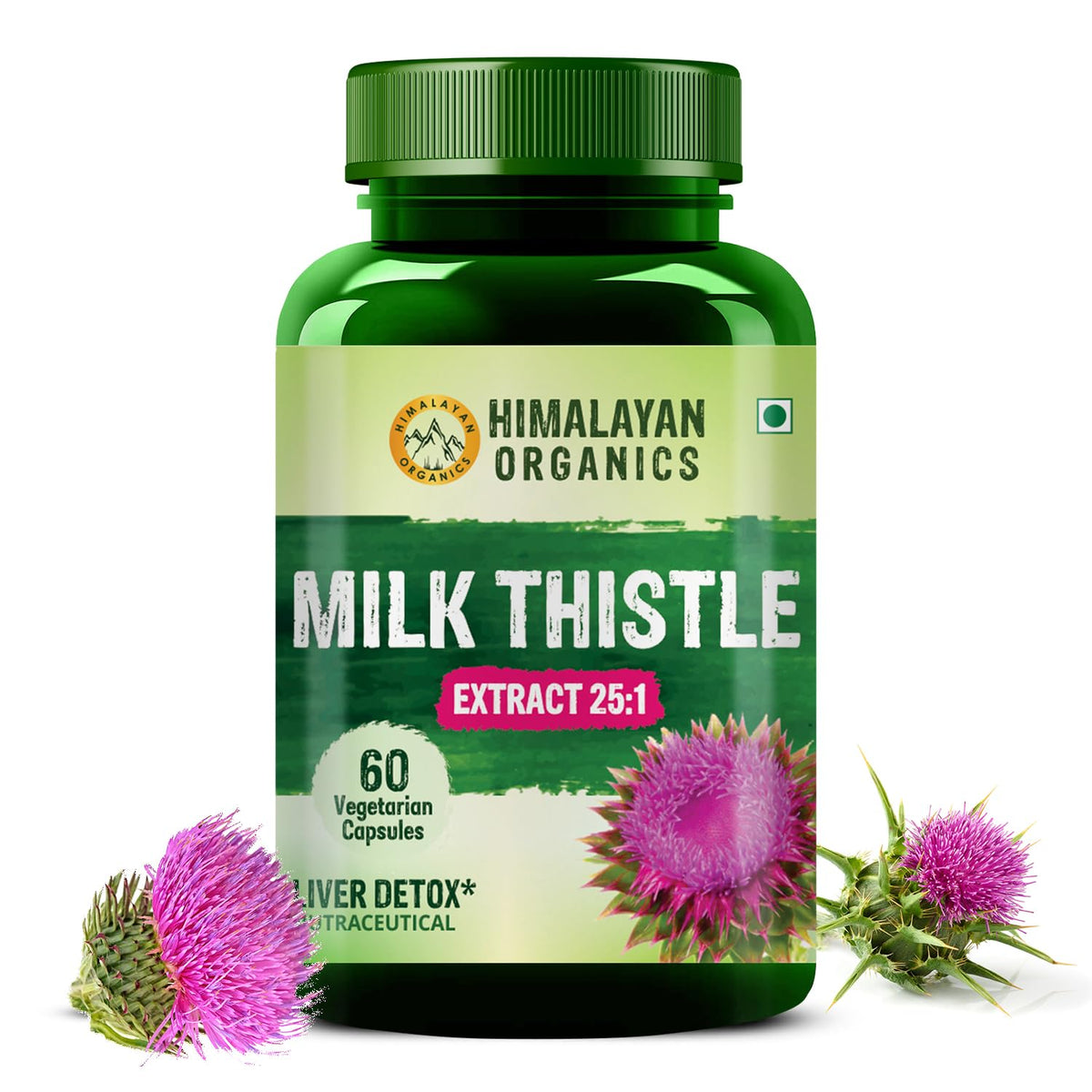 Himalayan Organics Mariendistel-Extrakt, Entgiftungspräparat für Männer und Frauen, mit 800 mg Silybum Marianum für eine gesunde Leber, hilft bei der Leberreinigung, 60 vegetarische Kapseln