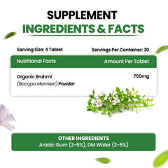 Himalayan Organics Brahmi-Tabletten, reine Kräuter für geistiges Wohlbefinden, verbessert die Wachsamkeit (120 Tabletten)