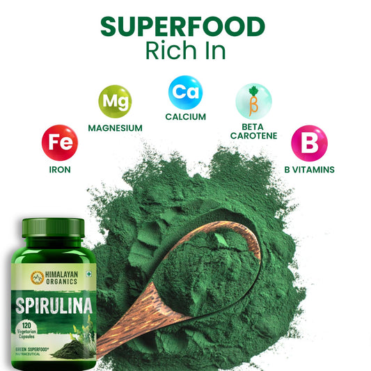 Himalayan Organics Spirulina 2000 mg Nahrungsergänzungsmittel, Grünes Essen für eine gute Gesundheit, Gewichtskontrolle und Stärkung des Immunsystems, Hilft bei der Herzgesundheit, 60 vegetarische Kapseln