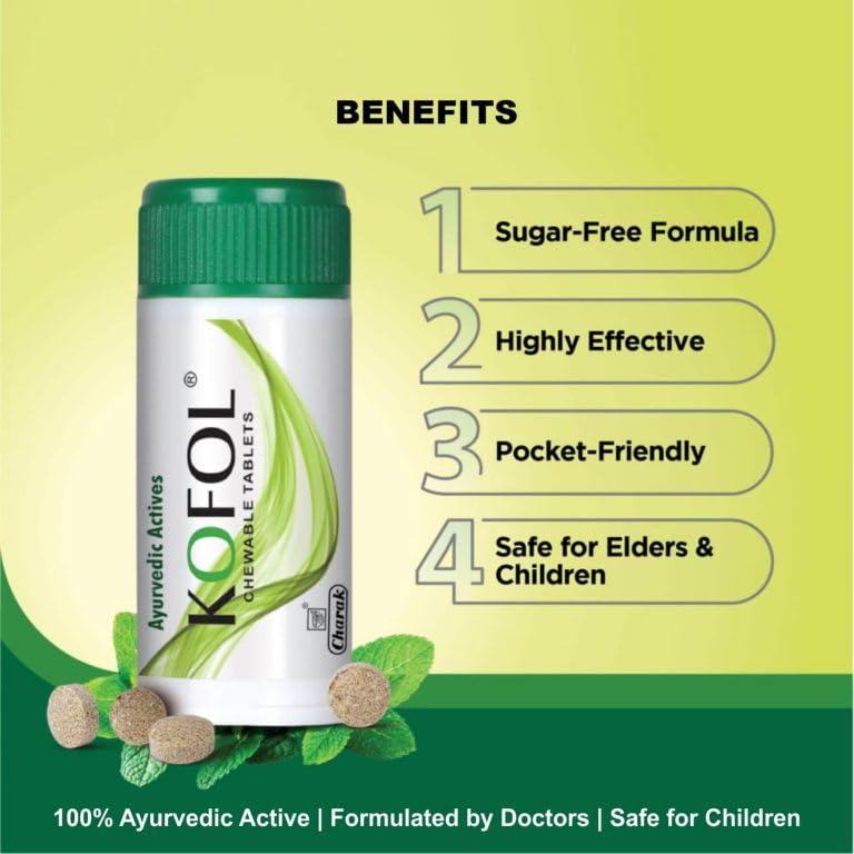 Charak Ayurvedic Kofol Chewable Tablet For Cough,Sore Throat Seasonal Cough 5 X 60 Tablets