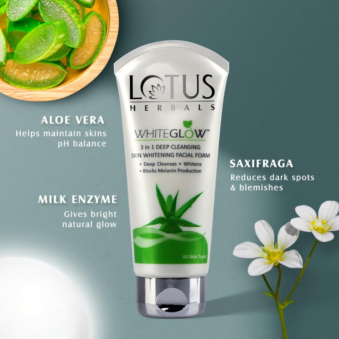 Lotus Herbals WhiteGlow 3-в-1 Глубокое очищение, розовое сияние и сияние кожи с витамином С. Отбеливающая пенка для лица. Пенка для умывания лица для среднего типа кожи.