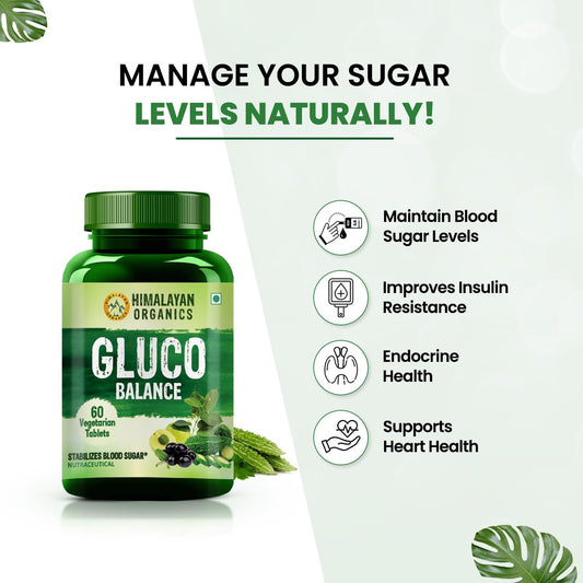 Himalayan Organics Gluco Balance auf pflanzlicher Basis mit Jamun-, Bittermelonen-, Amla-, Gudmar- und Chirayta-Extrakten, 60 vegetarische Tabletten