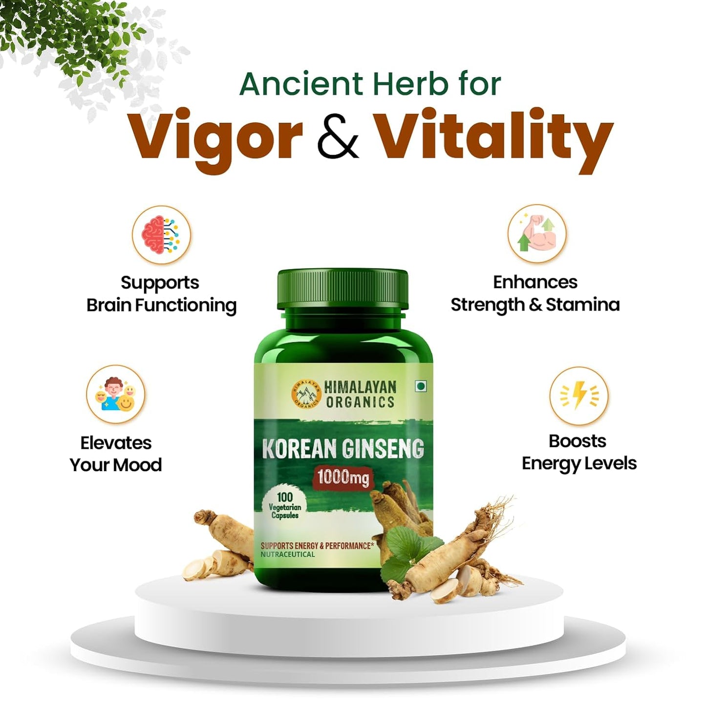 Himalayan Organics Korean Red Ginseng 1000mg/Serve Vegetarian 100 Capsules