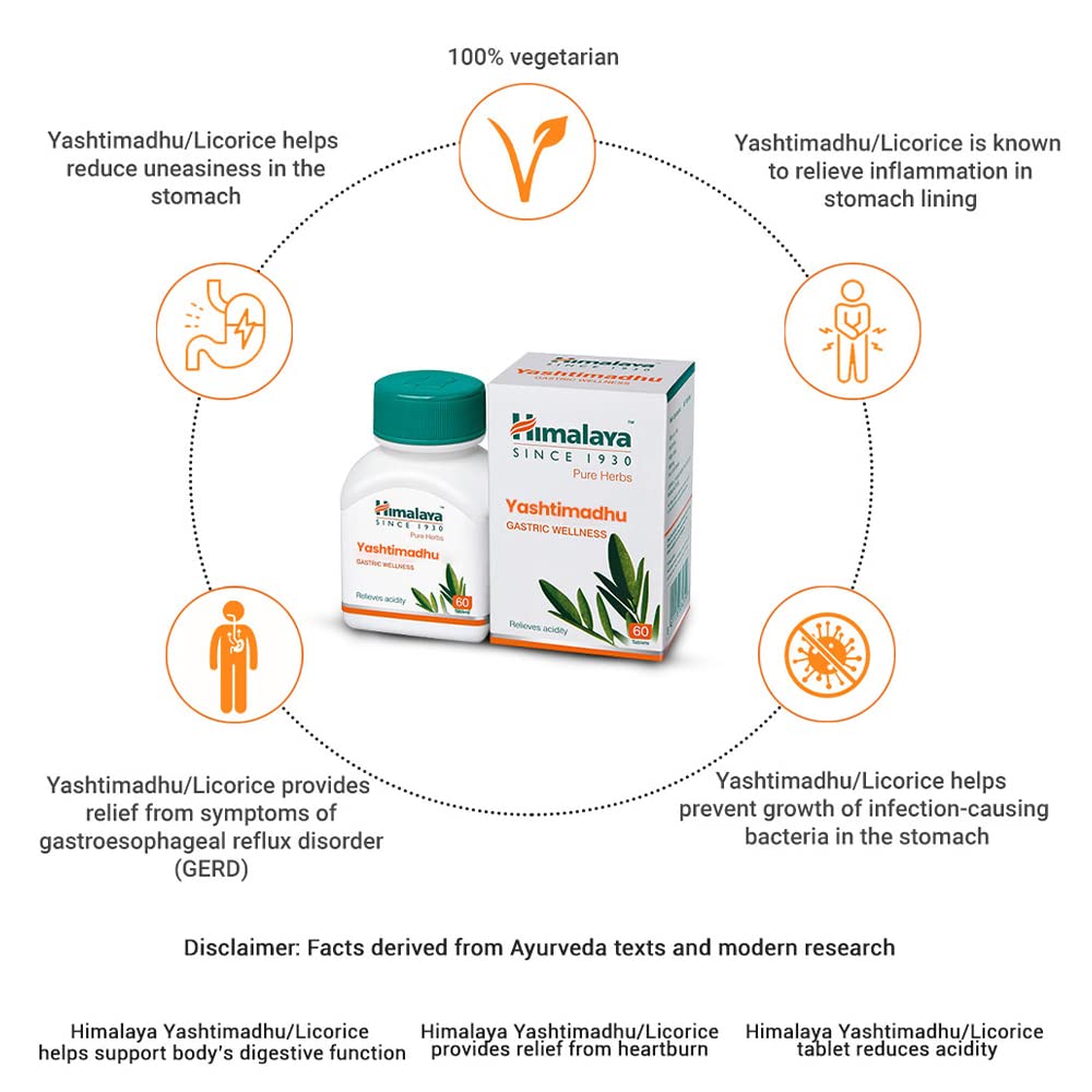 Himalaya Pure Herbs Желудочный оздоровительный травяной аюрведический препарат Яштимадху, снижающий кислотность, 60 таблеток