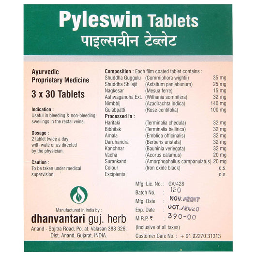 Dhanvantari Ayurvedic Pyleswin Nützlich bei blutenden und nicht blutenden Hämorrhoiden-Tabletten