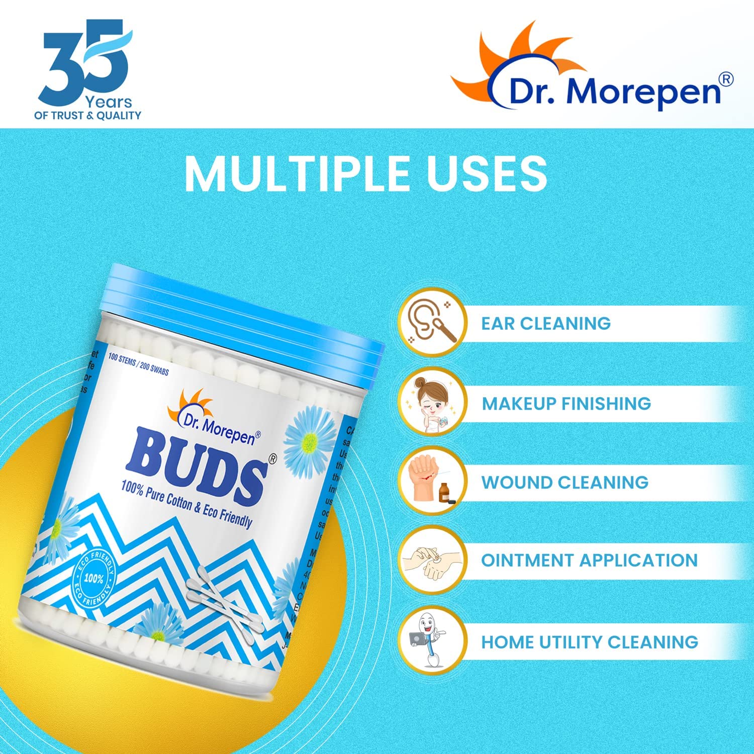 Dr Morepen Buds 100% Pure Cotton & Eco Friendly Earbuds 100 Cotton Buds