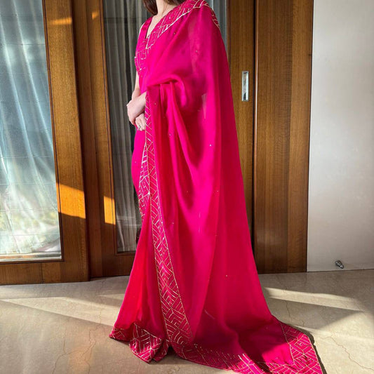 Bollywood Indian Pakistani Ethnic Party Wear Women Soft Pure Hot Pink Tabby Organza Sequence Saree