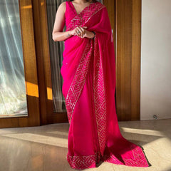 Bollywood Indian Pakistani Ethnic Party Wear Women Soft Pure Hot Pink Tabby Organza Sequence Saree