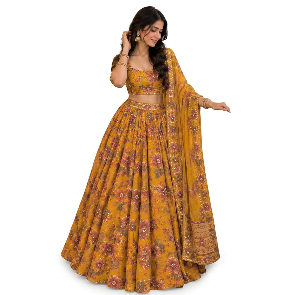 Yellow Taby Silk Lehenga Choli Set with Mirror Work – HC-1159
