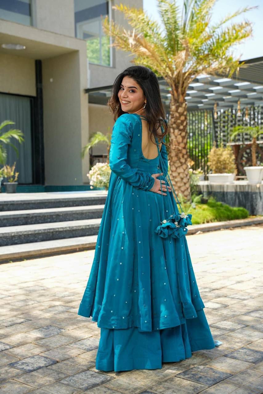 Bollywood Indian Pakistani Ethnic Party Wear Women Soft Pure Chinnon Silk Aqua Blue 9mm Anarkali Dupptta With Bottom Embroidered Suit Set Dress