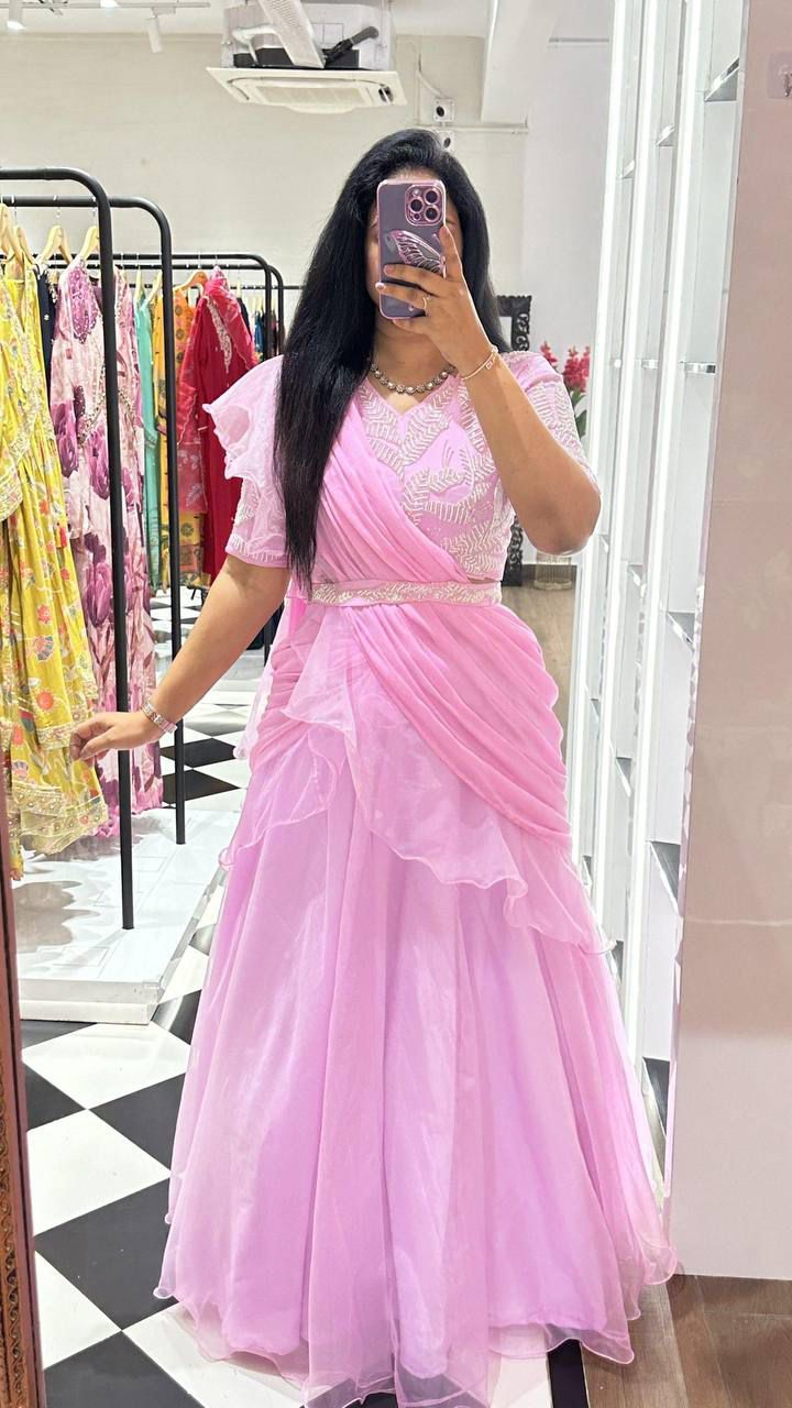 Bollywood Indian Pakistani Ethnic Party Wear Women Soft Pure Organza Pink Drape Free Sarees Gown Dress