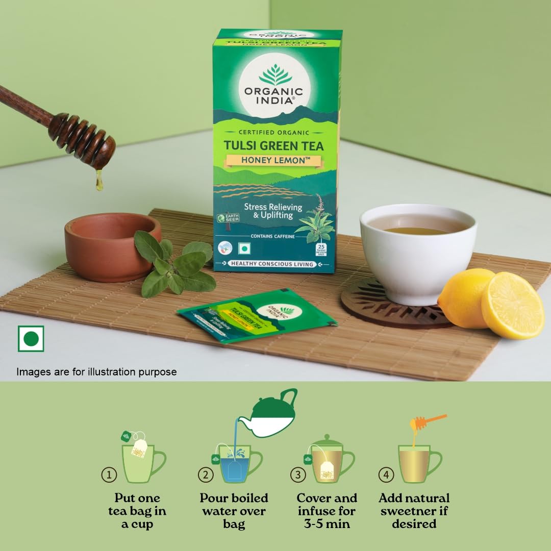 Organic India Tulsi Green Tea Honey Lemon 25 & 100 Teabags