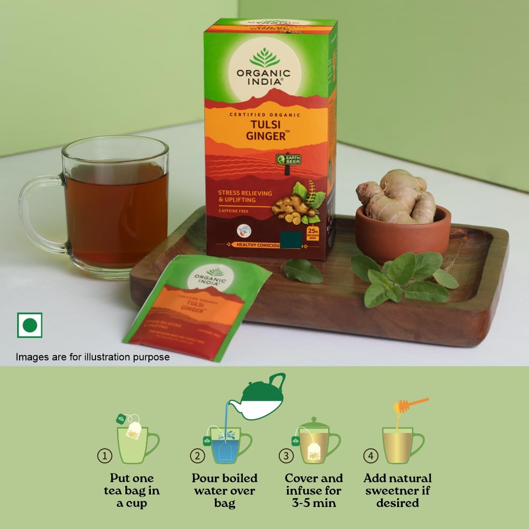 Organic India Tulsi Ginger Green Tea 25 Teabags,50 Teabgas & 100g Tin