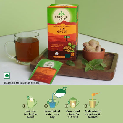 Organic India Tulsi Ginger Green Tea 25 Teabags,50 Teabgas & 100g Tin