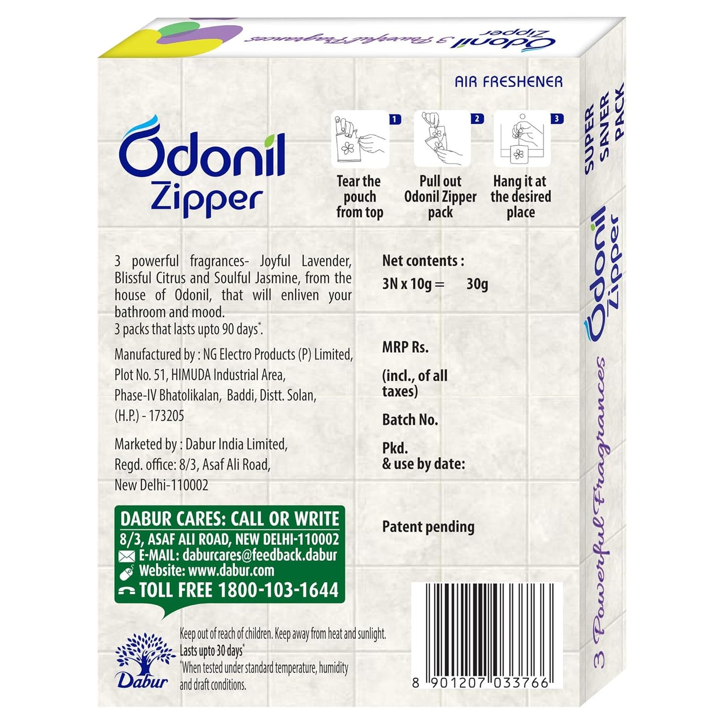 Odonil Zipper Air Freshener Joyful Lavender,Soulful Jasmine & Blissful Citrus 30 g (3 X 10g)
