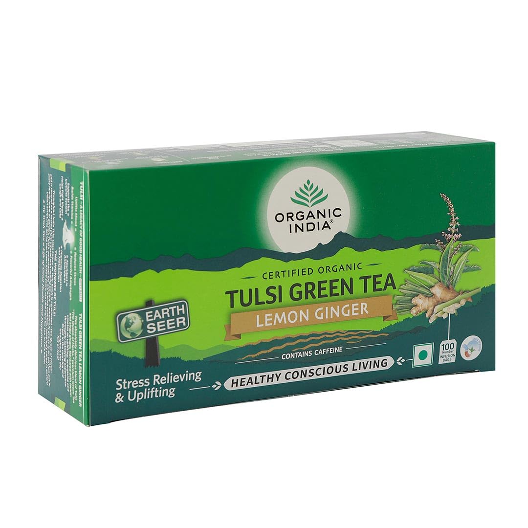 Organic India Tulsi Green Tea Lemon Ginger 25 Infusion Bag,50 Teabag & 100 Tea Bag