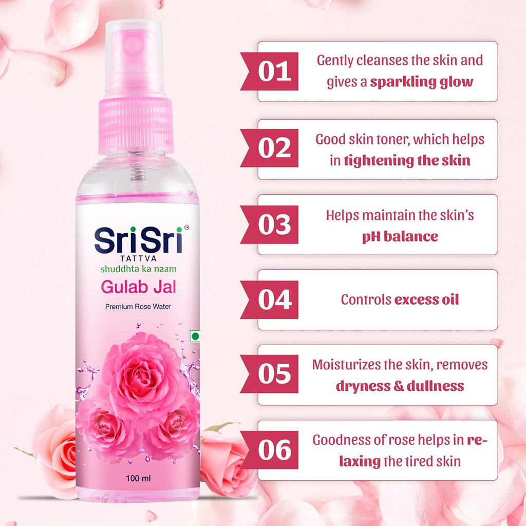 Sri Sri Tattva Gulab Jal reinigt und erfrischt die Haut, Premium-Rosenwasserspray, 100 ml