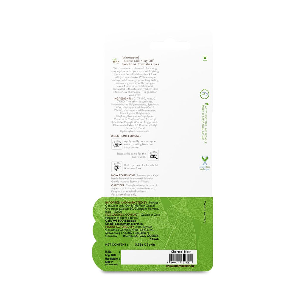 Mamaearth Pack of 2 Charcoal Black Long Stay Eye Kajal with Vitamin C & Chamomile