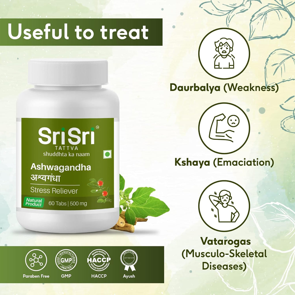Sri Sri Tattva Ayurvedisches Ashwagandha 500 mg wirkt als Stresslöser, 60 Tabletten