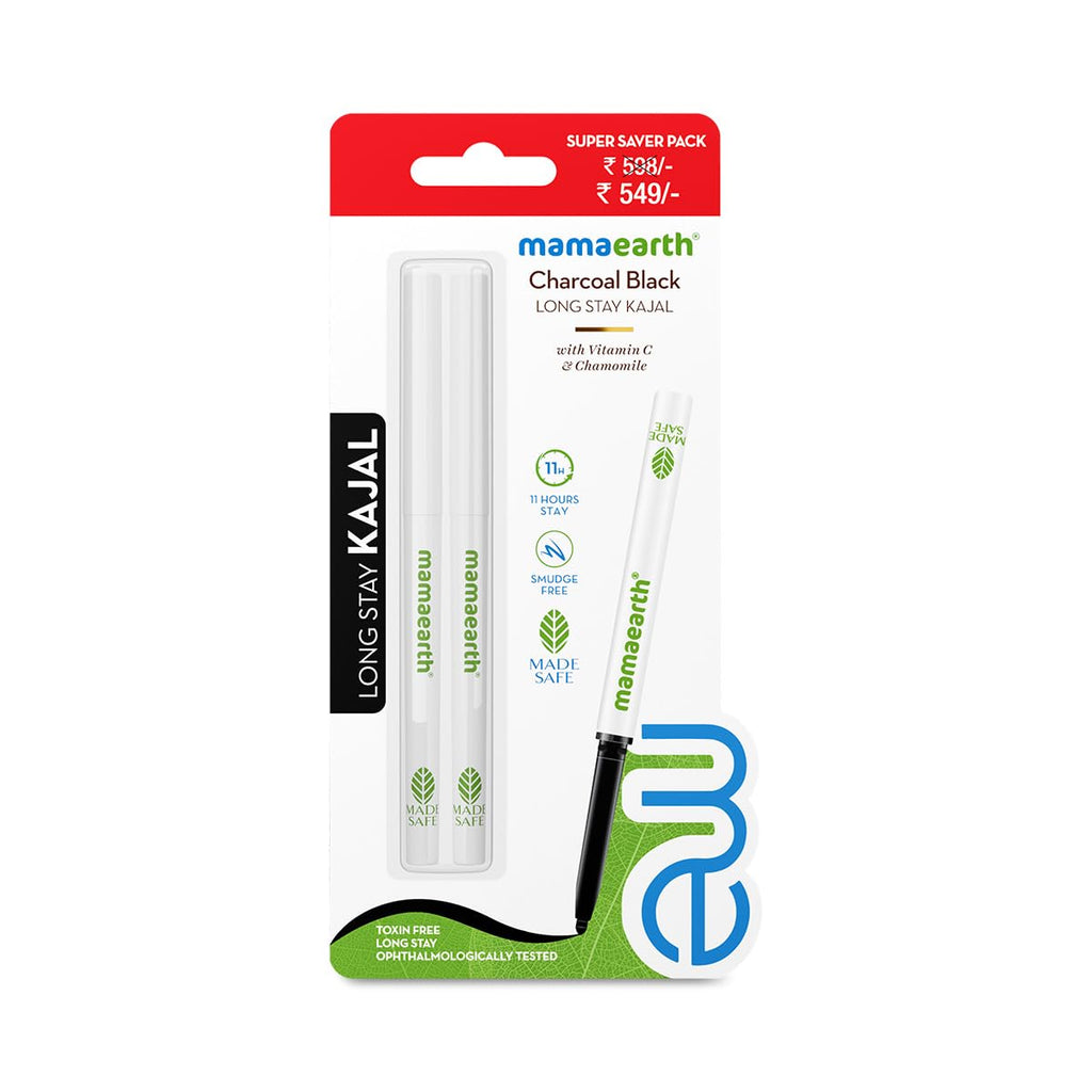Mamaearth Pack of 2 Charcoal Black Long Stay Eye Kajal with Vitamin C & Chamomile