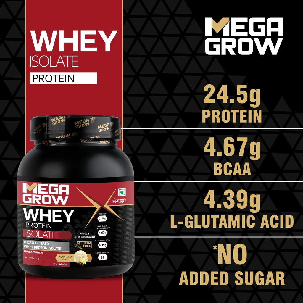 Leeford Megagrow Isolate Whey Protein Powder Vanilla Flavored With Shaker 1 Kg