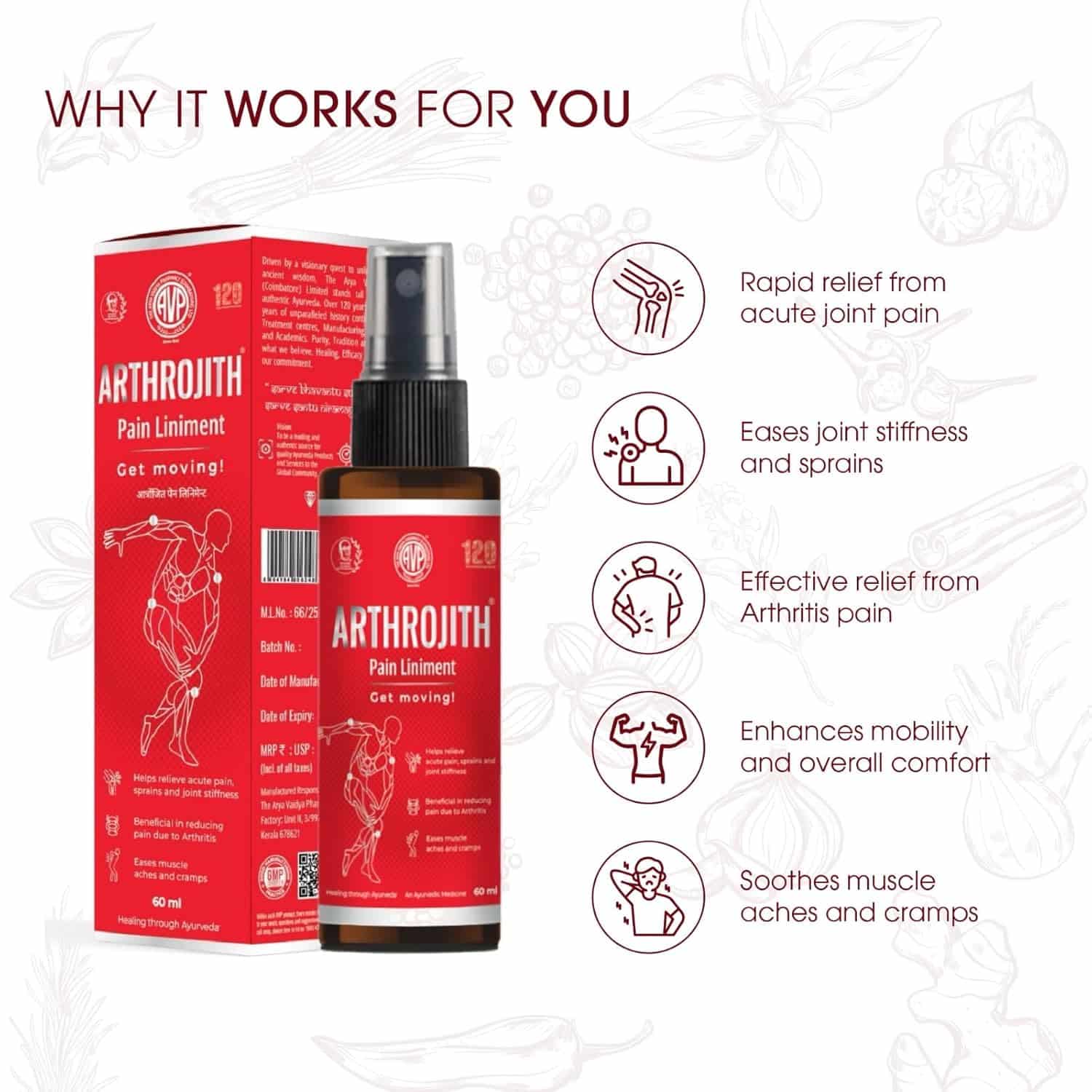 Arya Vaidya Pharmacy Arthrojith Liniment Pain Relief Spray – 60ml