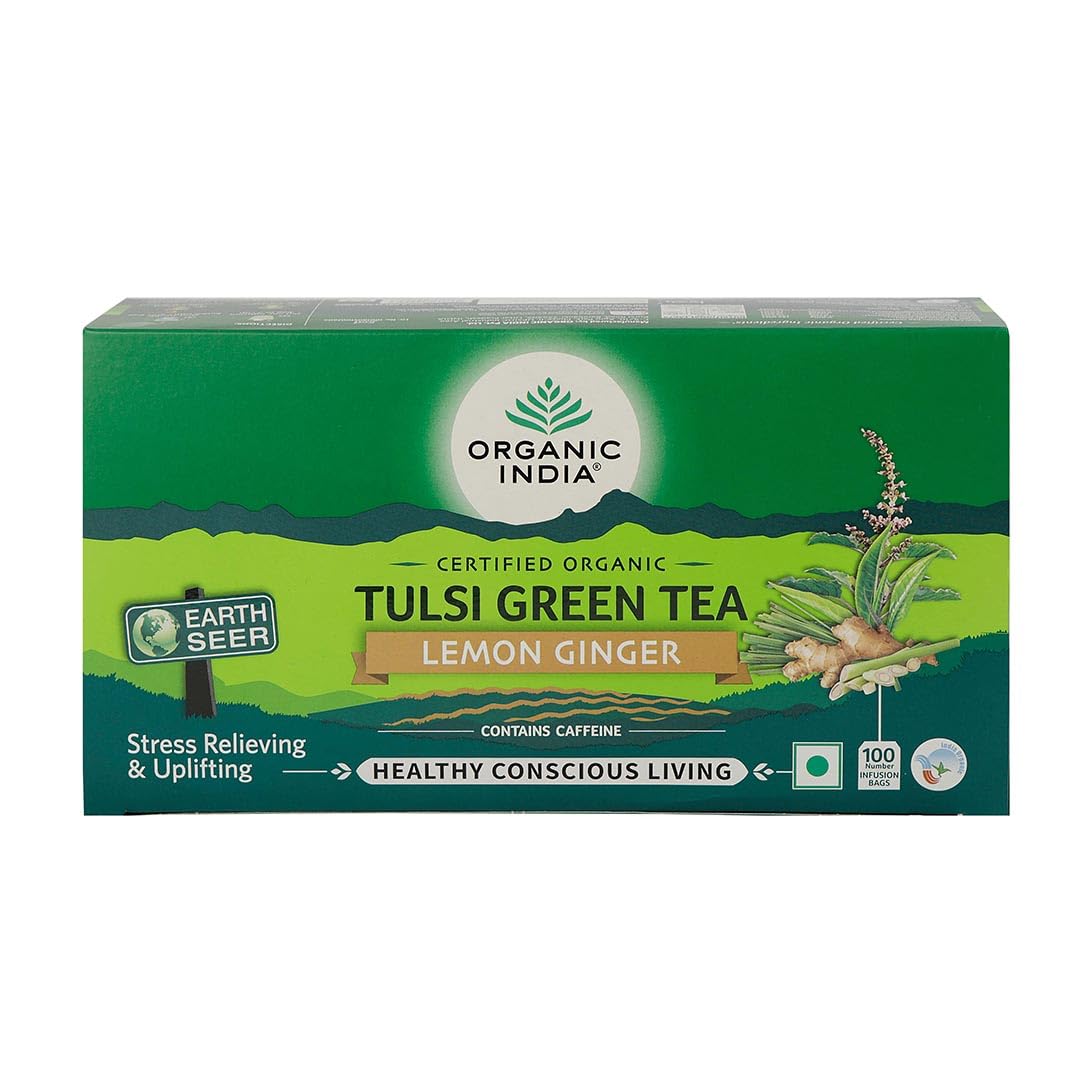 Organic India Tulsi Green Tea Lemon Ginger 25 Infusion Bag,50 Teabag & 100 Tea Bag