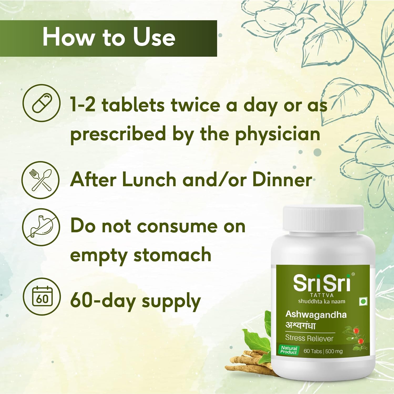 Sri Sri Tattva Ayurvedic Ashwagandha 500mg Acts as a Stress Reliever 60 Tablets