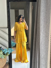 Bollywood Indian Pakistani Ethnic Party Wear Women Soft Pure Georgette Yellow Chikankari Perfect Jacket Sharara Set Dress