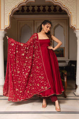 Bollywood Indian Pakistani Ethnic Party Wear Women Soft Pure Red Sana Silk Anarkali suit set Dress