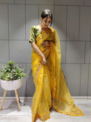 Bollywood Indian Pakistani Ethnic Party Wear Women Soft Pure Premium Organza Silk Yellow Saree/Sari