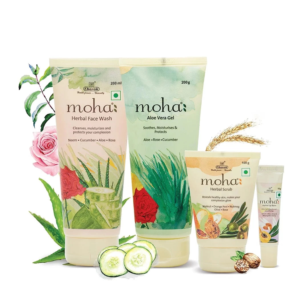 Moha Cosmetics Herbal Face Wash,Aloe Vera Gel,Herbal Scrub & Lip Balm Essential Kit