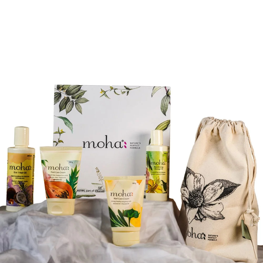 Moha Cosmetics Self Pampering Nail Cream,Foot Cream,Hair Oil & Massage Oil Gift Kit