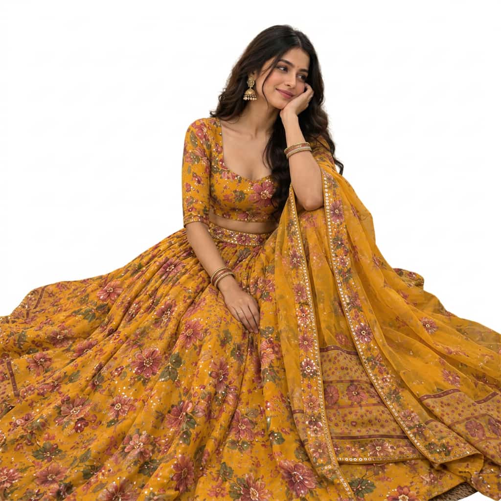 Yellow Taby Silk Lehenga Choli Set with Mirror Work – HC-1159