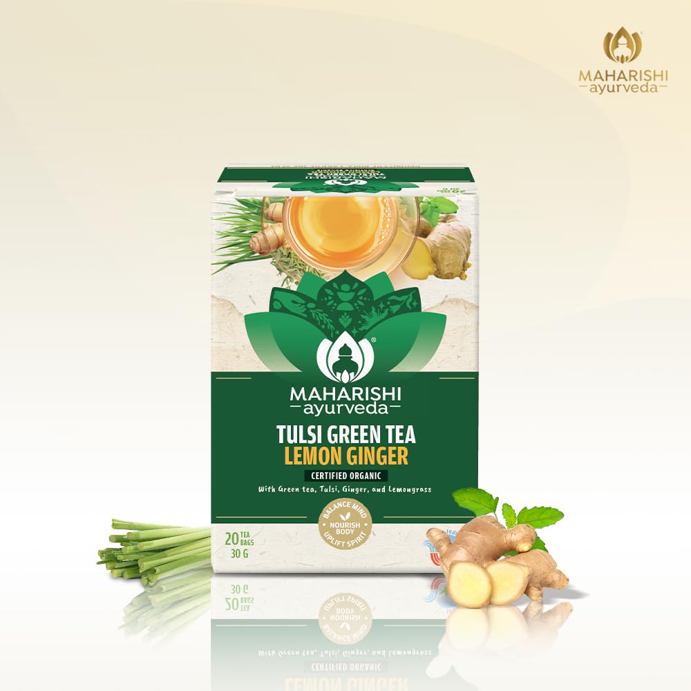 Maharishi Tulsi Green Tea Lemon Ginger Ayurvedic Stress Relief & Immunity 20 Tea Bag