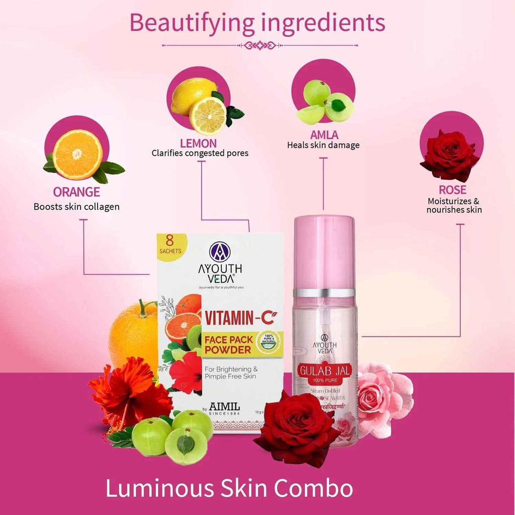 Aimil Ayouthveda Cosmetics Luminous Skin Combo Vitamin C Face Pack Powder 10g × 8 Gulab Jal 100ml