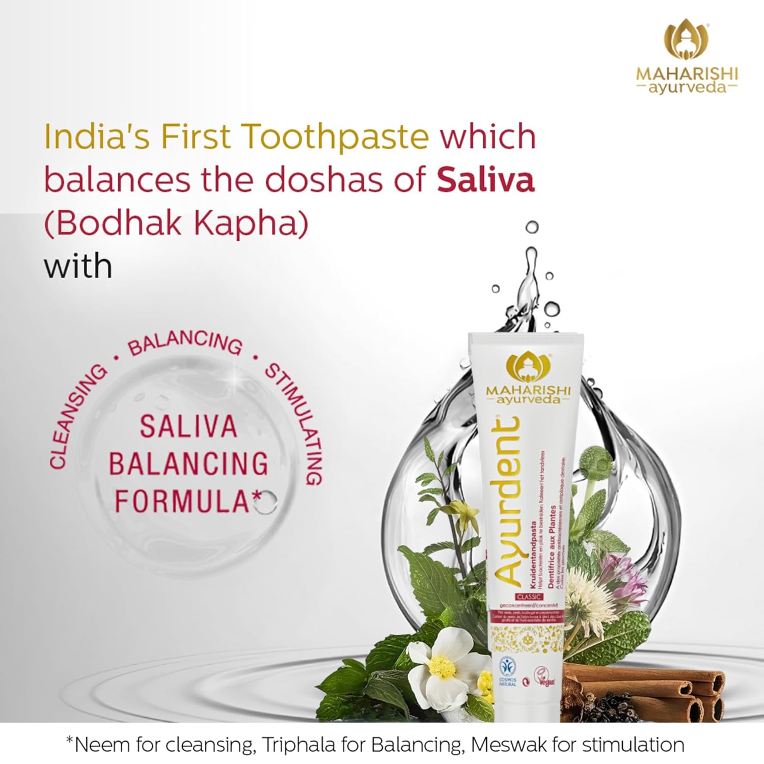 Maharishi Ayurveda Ayurdent Classic Toothpaste with 1 Pack Free Copper Tongue Cleaner Saliva Balancing Formula 75ml