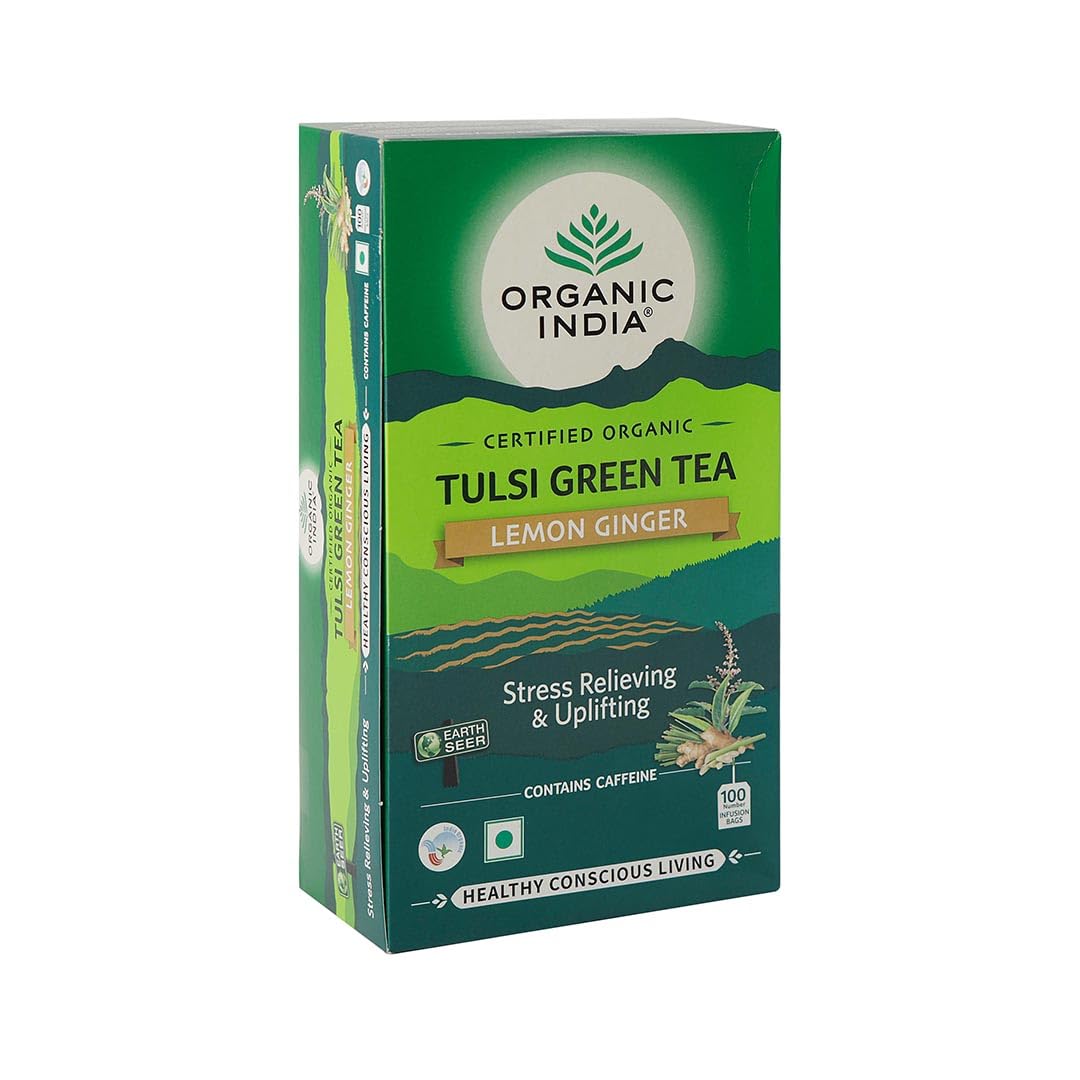 Organic India Tulsi Green Tea Lemon Ginger 25 Infusion Bag,50 Teabag & 100 Tea Bag