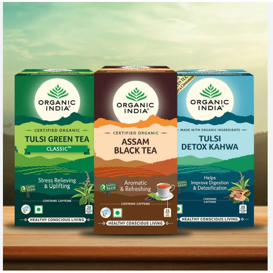 Organic India Combo Green Tea Classic,Detox Kahwa,Assam Black Bag