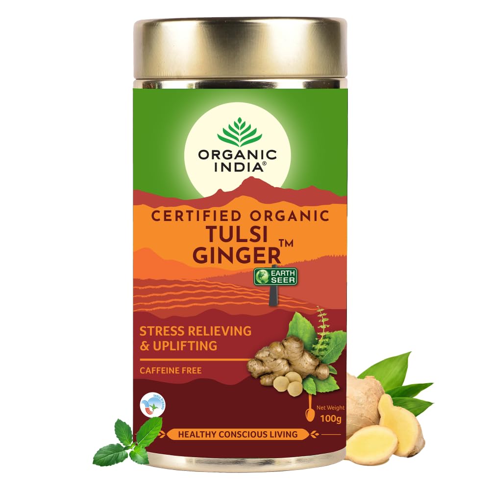 Organic India Tulsi Ginger Green Tea 25 Teabags,50 Teabgas & 100g Tin