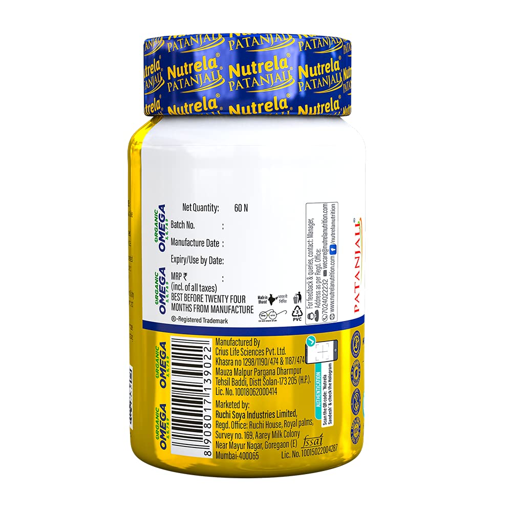 Patanjali Nutrela Organic Omega 3,6,7 & 9 For Heart,Skin,Eyes & Brain 60 Capsules
