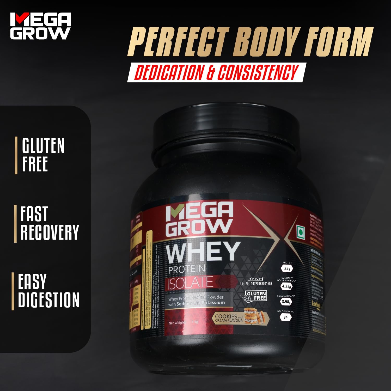 Leeford Megagrow Isolate Whey Protein Powder Cookies And Cream Flavor With Shaker 1 Kg