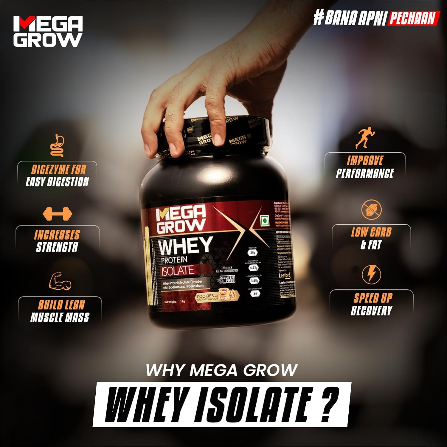 Leeford Megagrow Isolate Whey Protein Powder Cookies And Cream Flavor With Shaker 1 Kg