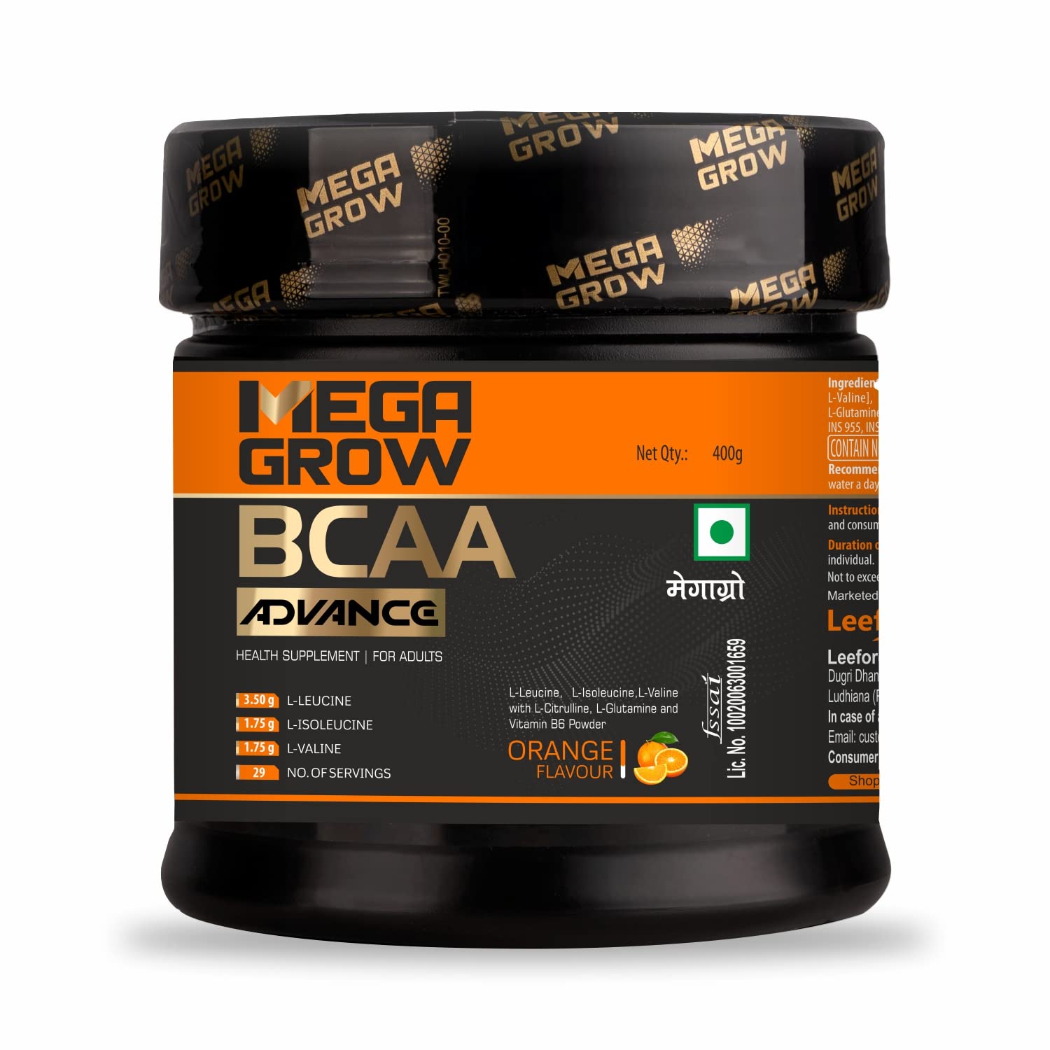 Leeford Megagrow BCAA Advance Supplement Pulver Orangengeschmack mit Shaker 400g