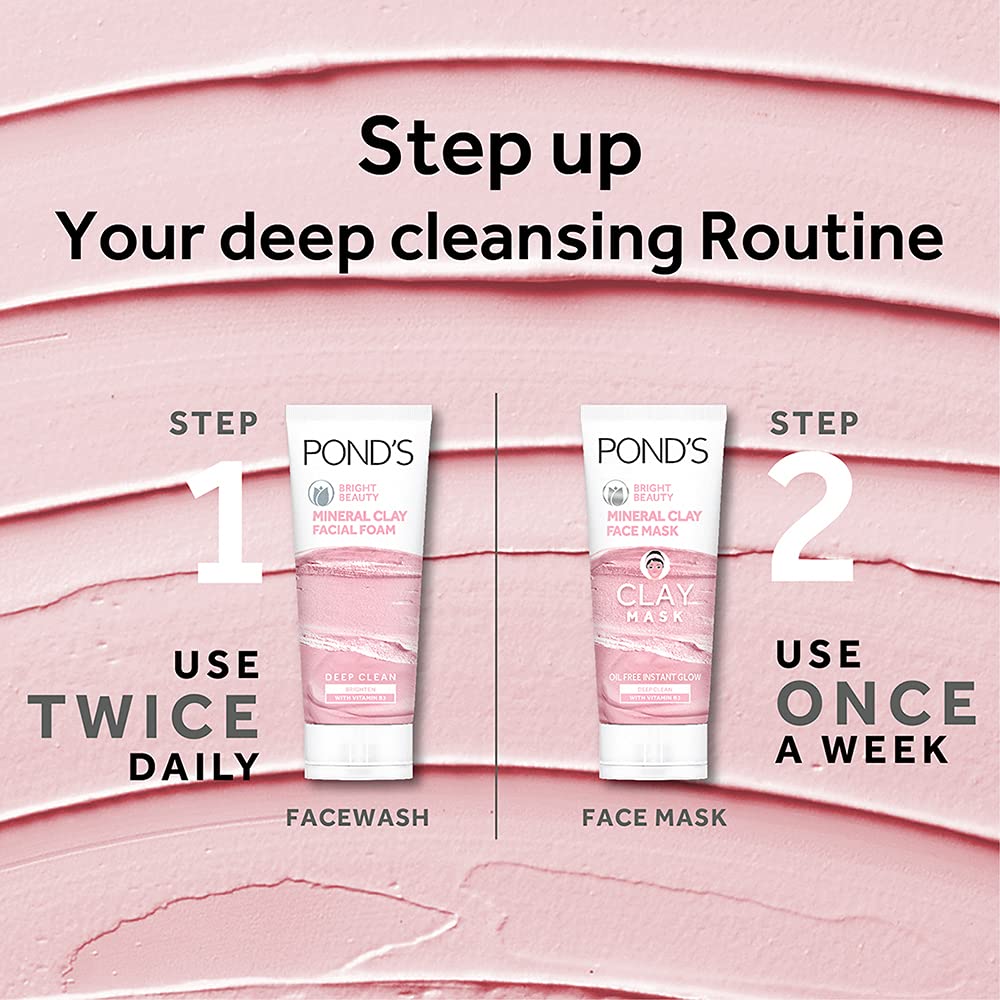 POND'S Bright Beauty Mineral Clay Facial Foam With Vitamin B3+ Oil Free Instant Glow Foam 90GM