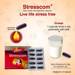 Dabur Ayurvedic Stresscom Ashwagandha Capsule 10 Counts (12 Strips) 120 Capsule