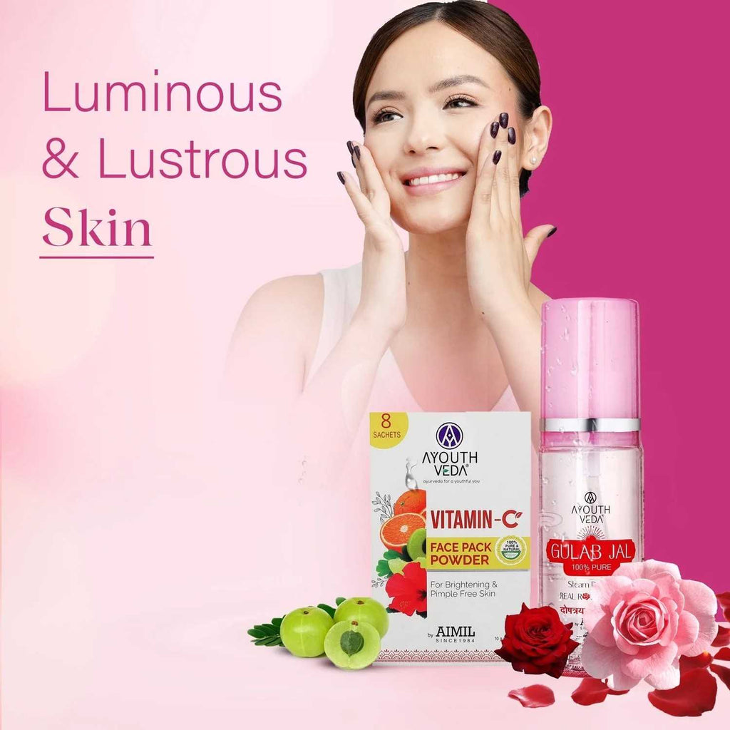 Aimil Ayouthveda Cosmetics Luminous Skin Combo Vitamin C Face Pack Powder 10g × 8 Gulab Jal 100ml